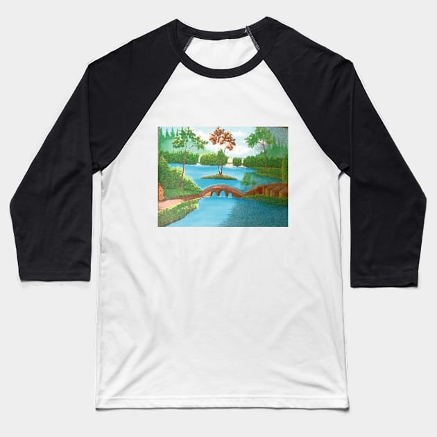 Watercolor Landscape Painting, A Chinese Stone Bridge Over The River, Riverside And Trees Hand Drawing, Landscape Art Prints Baseball T-Shirt by Modern Art